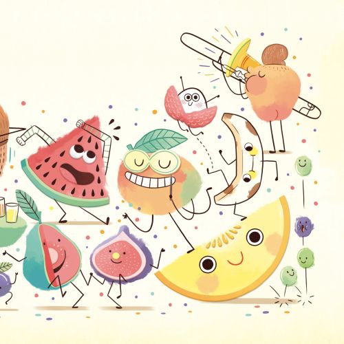 Happy cartoon fruits and cookie dancing with smiles and confetti