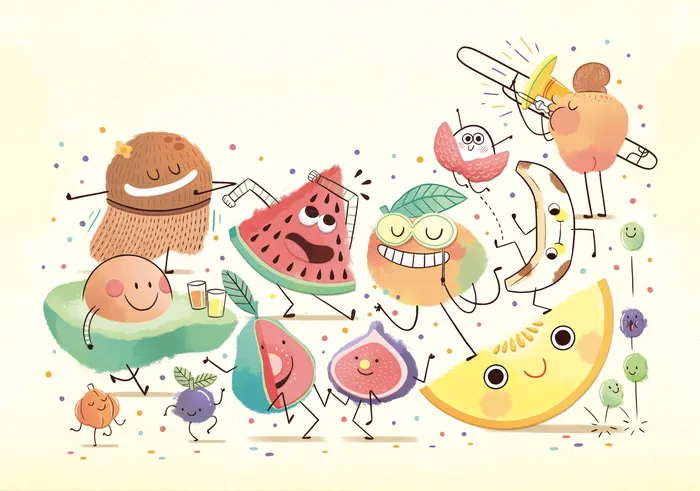 Happy cartoon fruits and cookie dancing with smiles and confetti