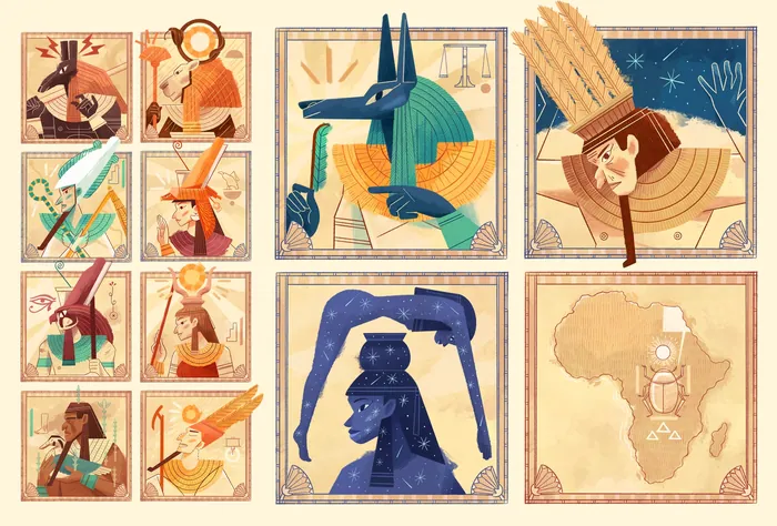 Illustrations of ancient Egyptian gods and symbols in a grid.