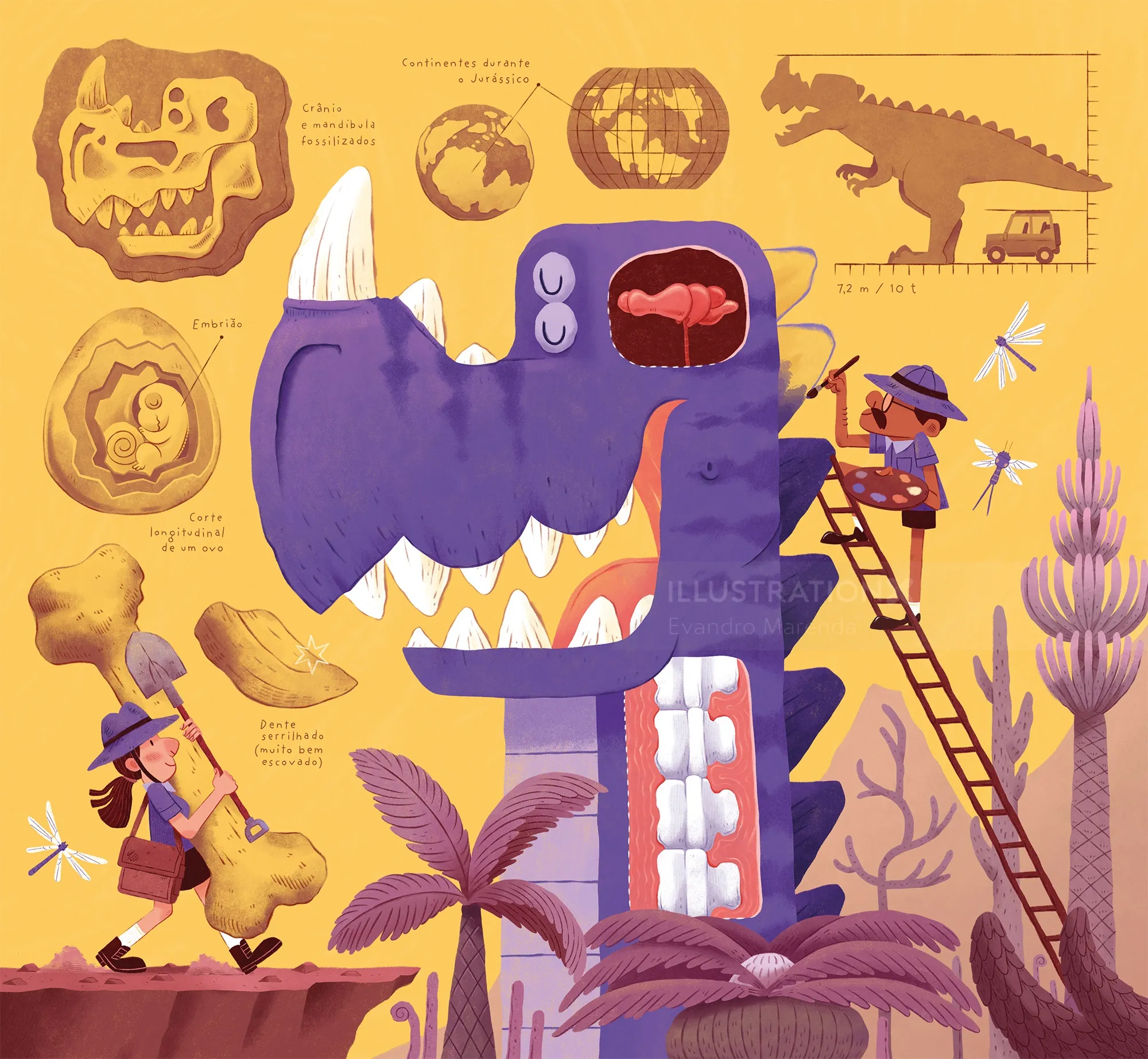Illustration of kids examining dinosaur fossils and a giant purple dinosaur model