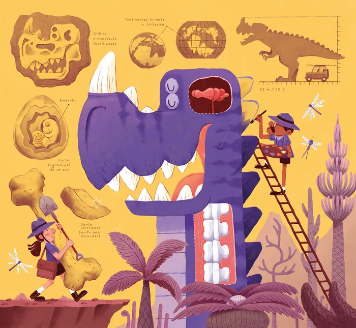 Illustration of kids examining dinosaur fossils and a giant purple dinosaur model