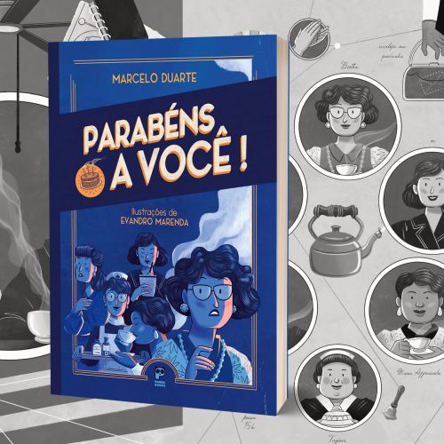 Book cover 'Parabéns, A Você!' surrounded by black and white character illustrations
