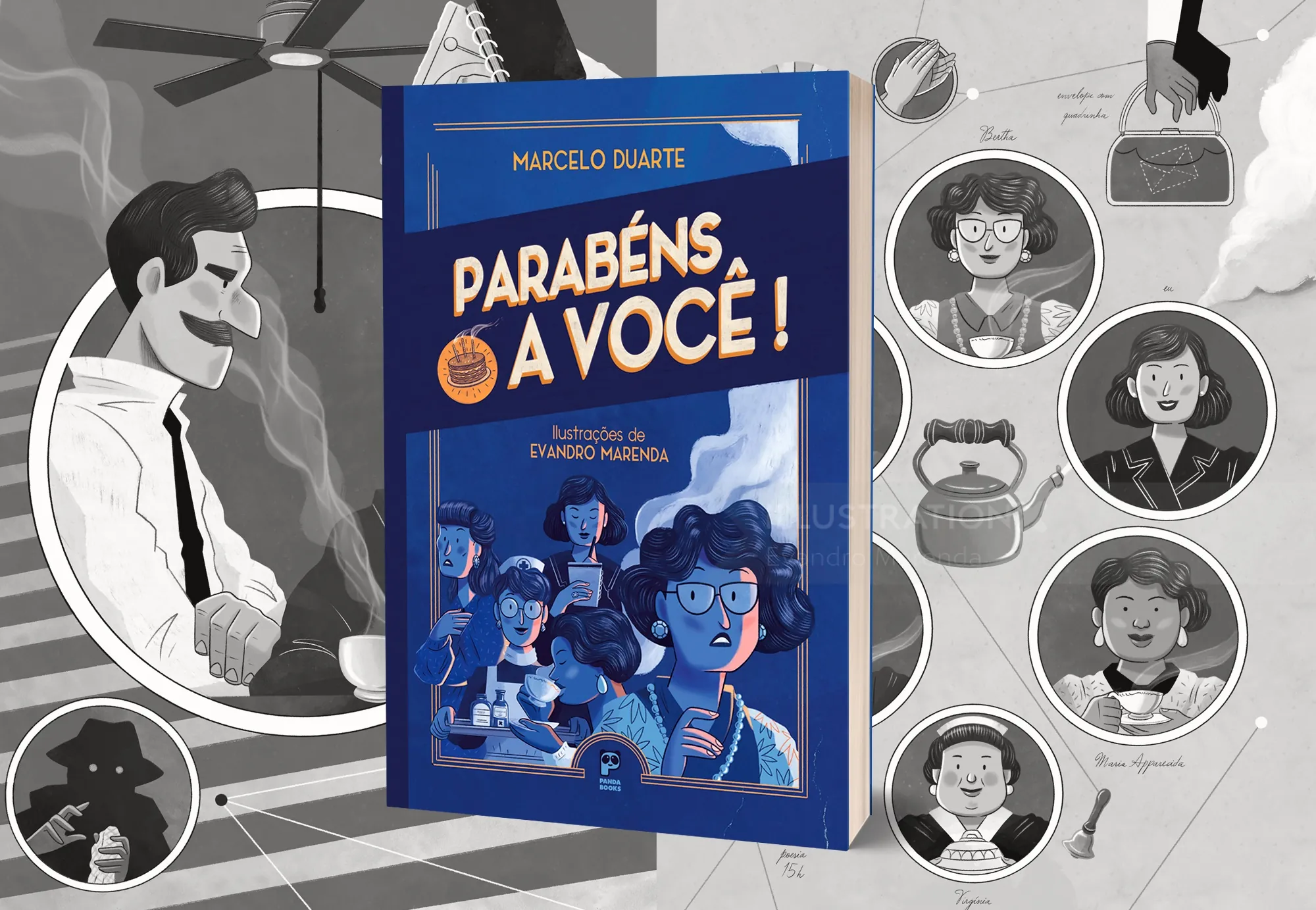 Book cover 'Parabéns, A Você!' surrounded by black and white character illustrations