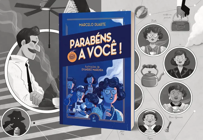 Book cover 'Parabéns, A Você!' surrounded by black and white character illustrations