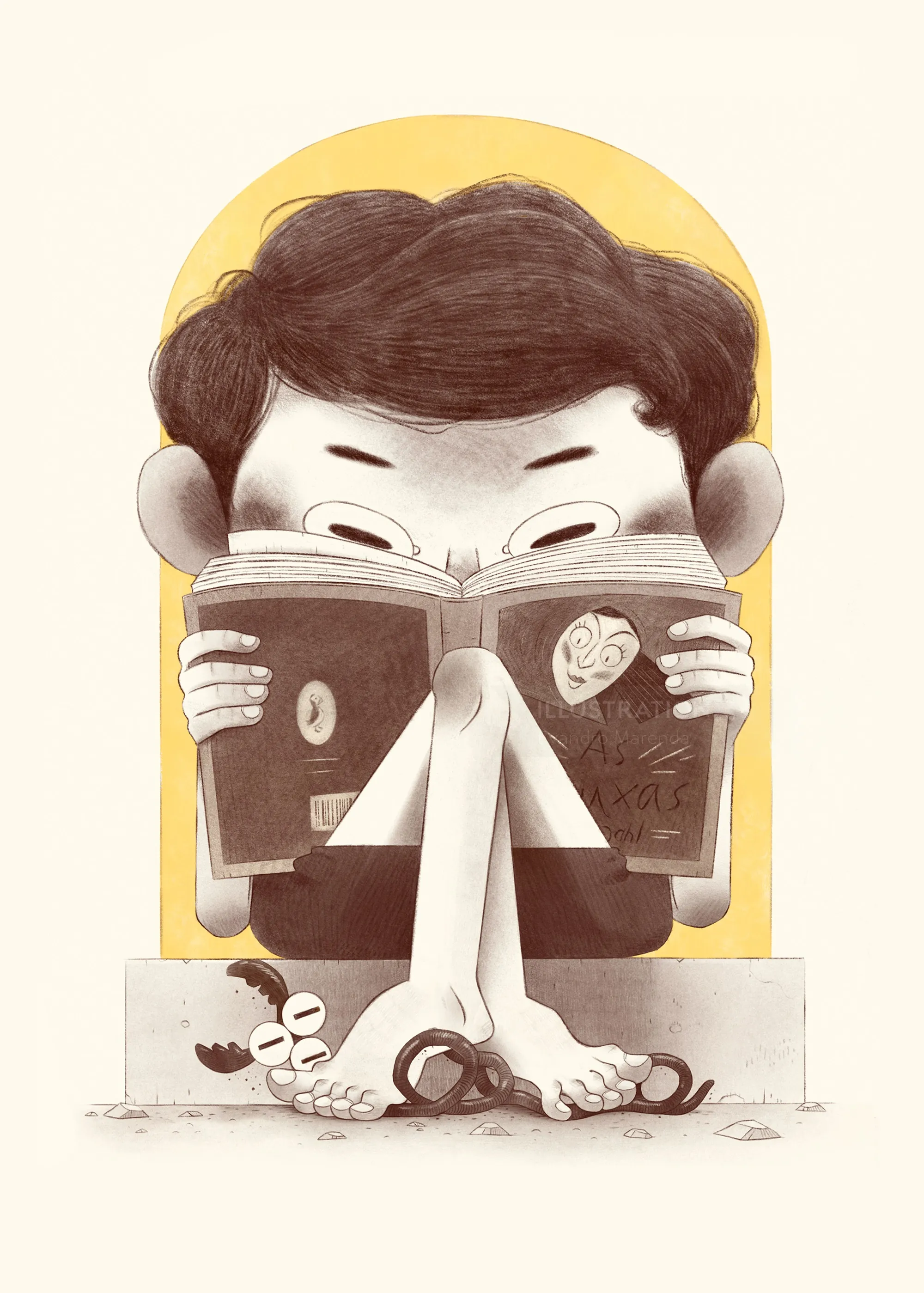 Child sitting barefoot reading a book with intense focus.