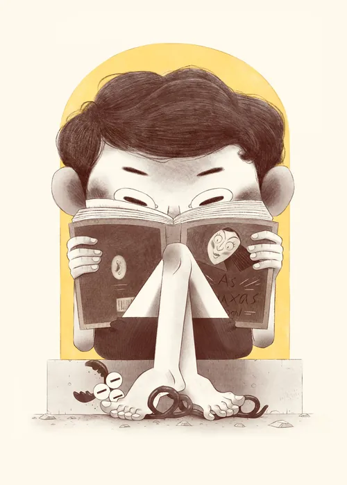 Child sitting barefoot reading a book with intense focus.