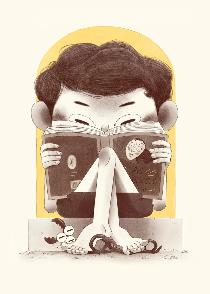 Child sitting barefoot reading a book with intense focus.