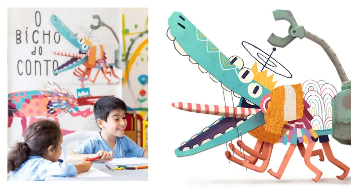 Kids looking at a vibrant, playful animal robot illustration