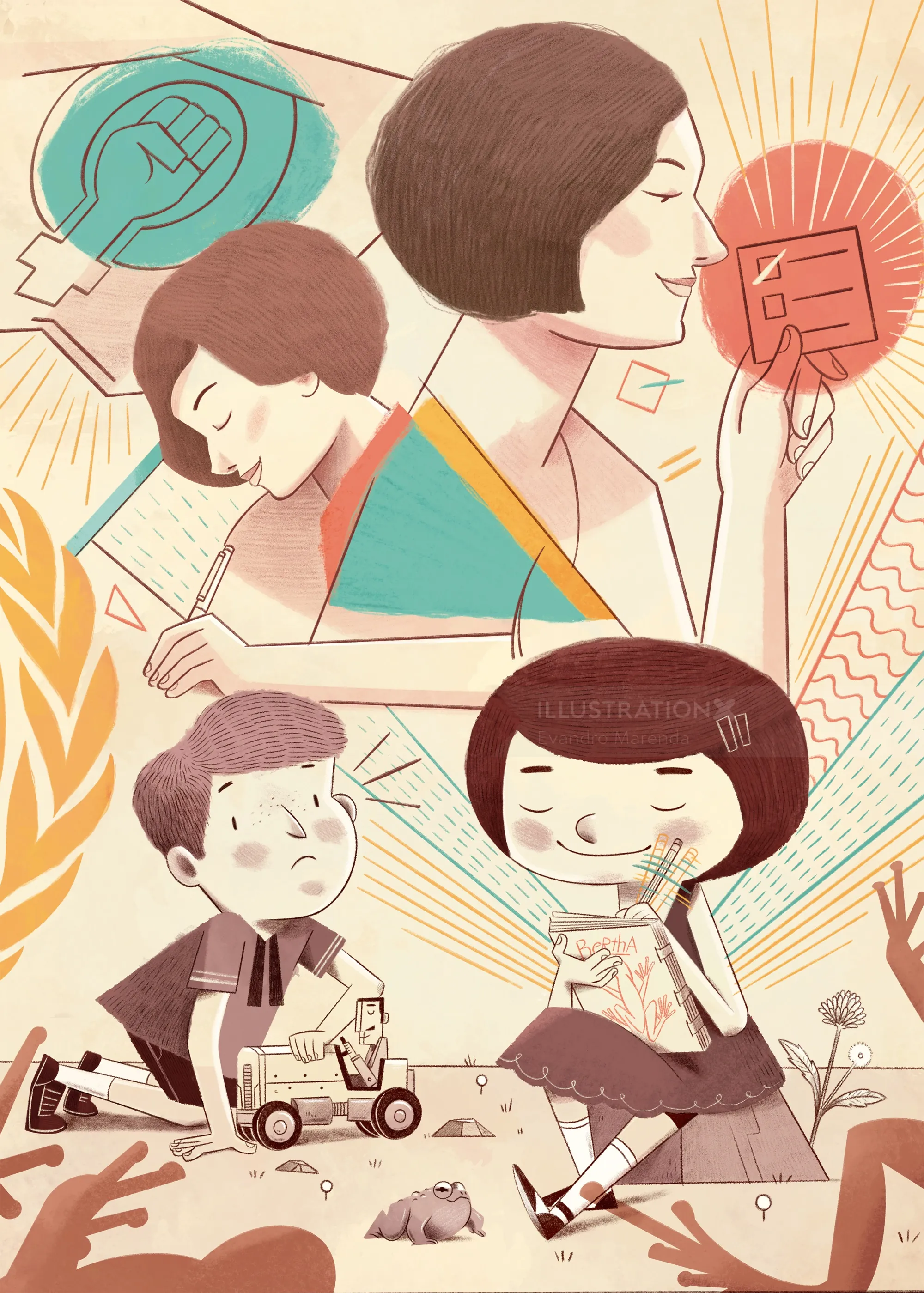 Woman reading and children playing and learning together outdoors