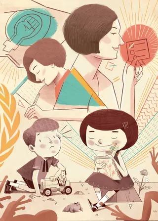 Woman reading and children playing and learning together outdoors