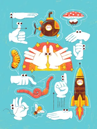 Cartoon hands making shapes with a submarine and rocket on blue background