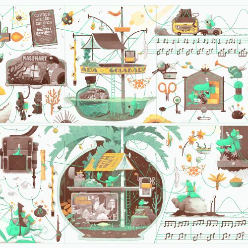 Illustration of ship in bottle, vintage items, music notes, and creative elements