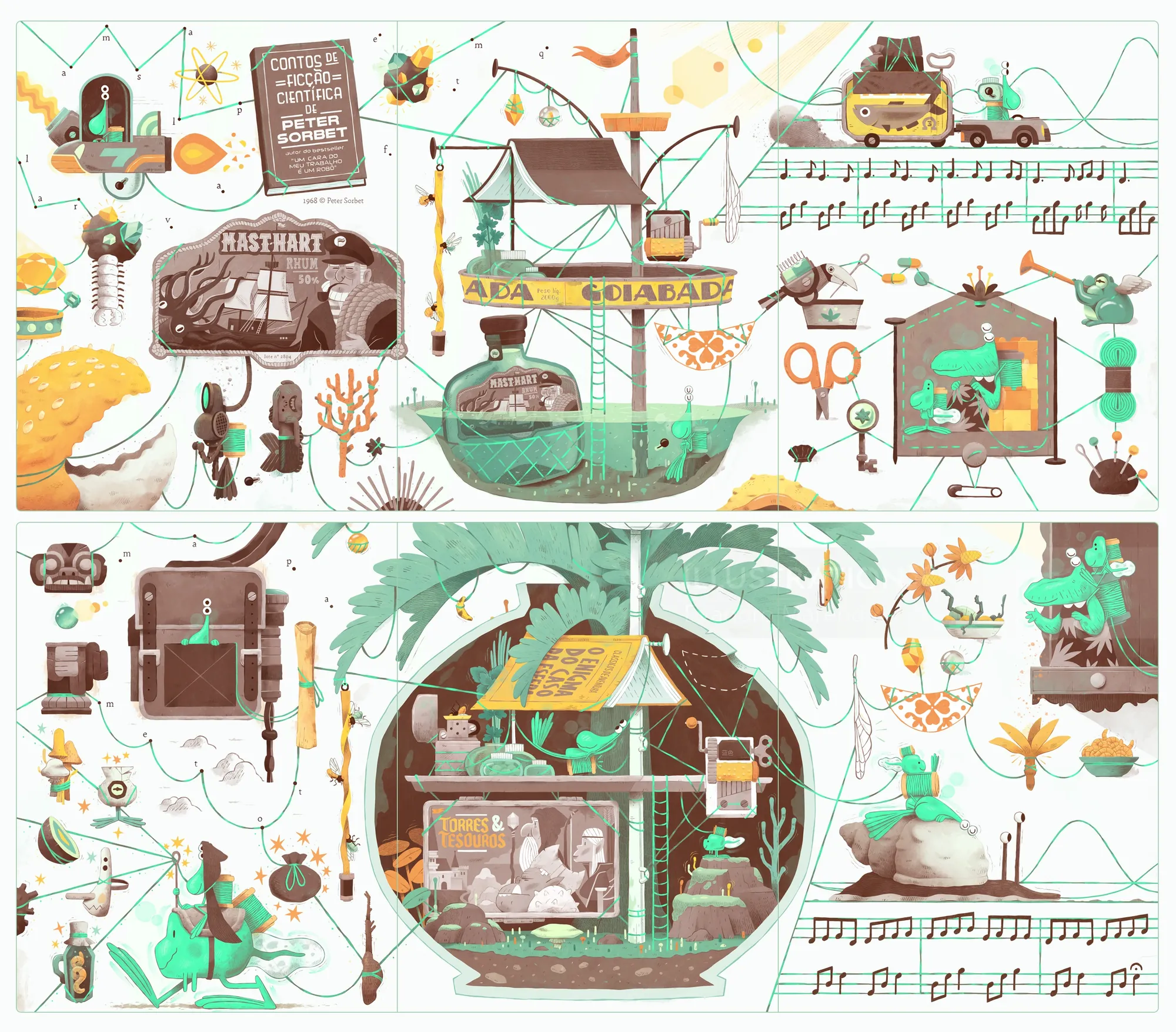Illustration of ship in bottle, vintage items, music notes, and creative elements