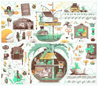 Illustration of ship in bottle, vintage items, music notes, and creative elements