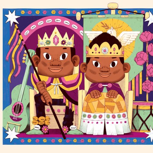 Two kids in royal costumes with a guitar, drum, and flowers