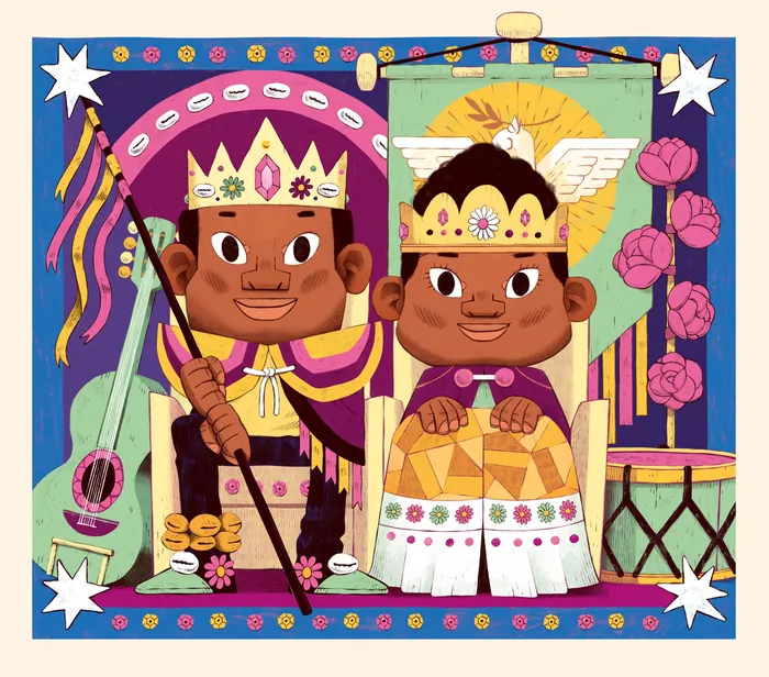 Two kids in royal costumes with a guitar, drum, and flowers
