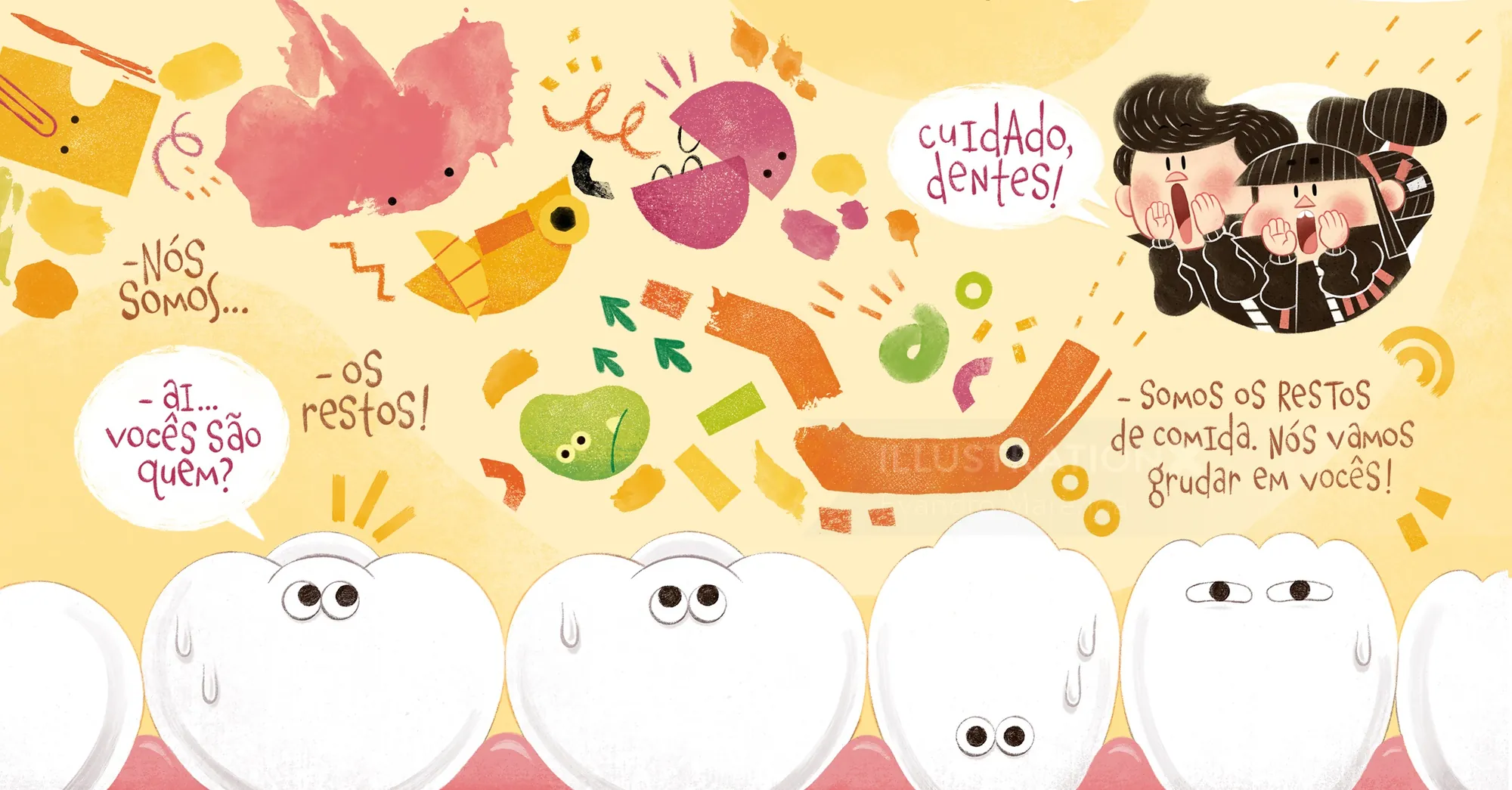 Evandro Marenda Illustration de dents souriantes, d'aliments, de brosses à dents et de rappels pour les soins dentaires