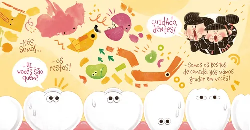Evandro Marenda illustration of smiling teeth, foods, toothbrushes, and dental care reminders