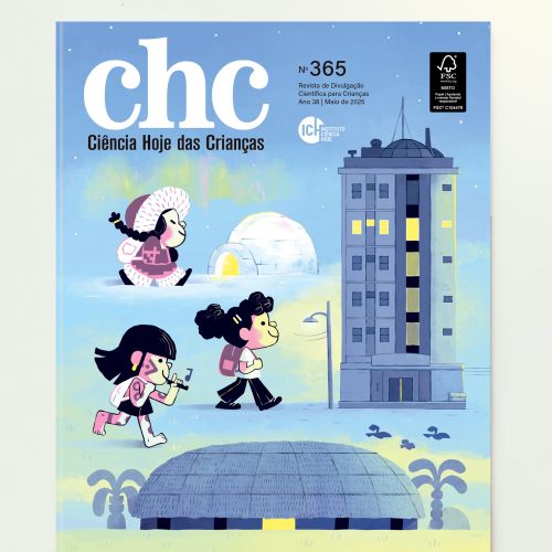 Illustration of kids near a tall building and igloo in snow