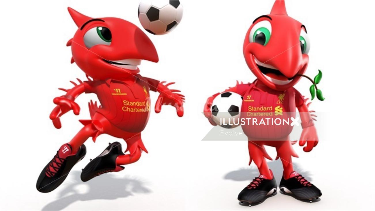 Conception de personnages oiseaux rouges jouant au football