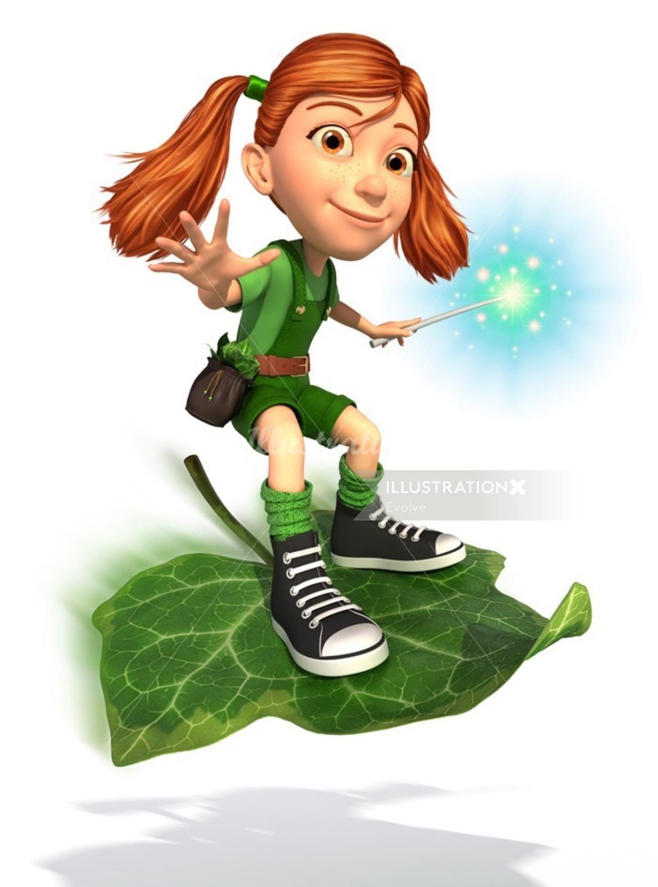 character design girl sliding on leaf
