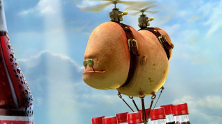 Dessin d&#39;un hélicoptère de pommes de terre transportant des bouteilles de boissons gazeuses