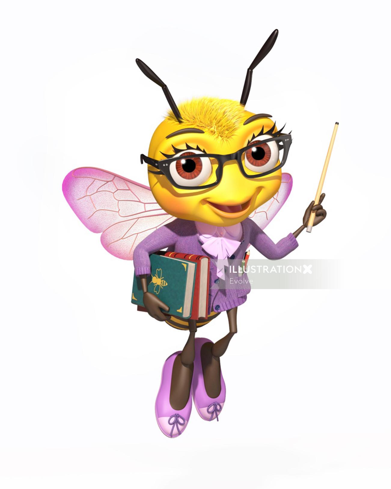 Lady bee holding livres et stylos peinture