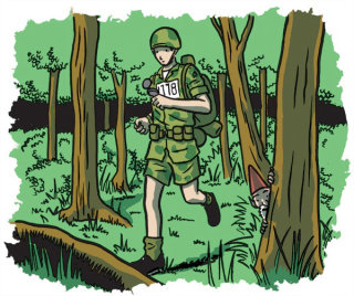 military man running in forest