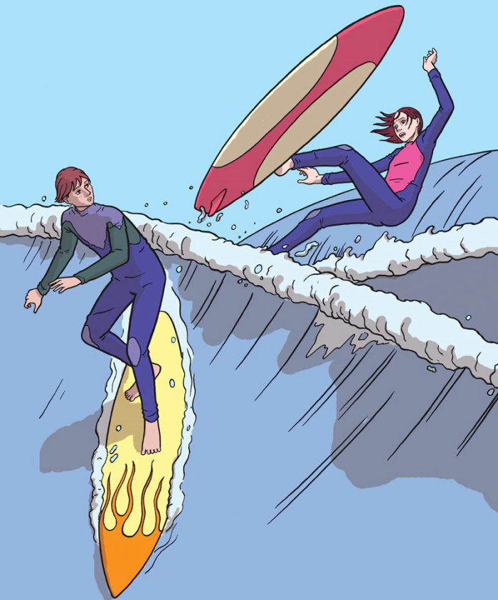 Surfista adolescente caindo na água