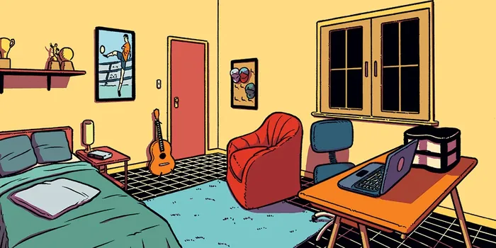 Cozy room with guitar, red armchair, laptop, and books by Fabio Lyra
