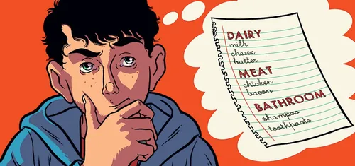 Man thoughtfully looking at a shopping list by Fabio Lyra