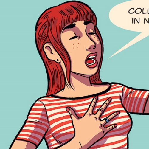 Woman explaining Columbus sailed the ocean in 1492, illustration by Fabio Lyra