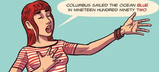 Woman explaining Columbus sailed the ocean in 1492, illustration by Fabio Lyra