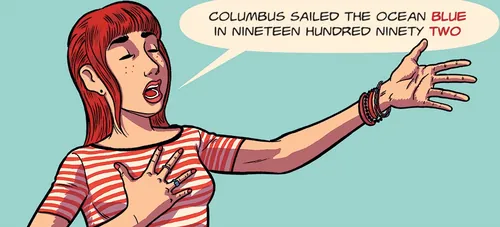 Woman explaining Columbus sailed the ocean in 1492, illustration by Fabio Lyra