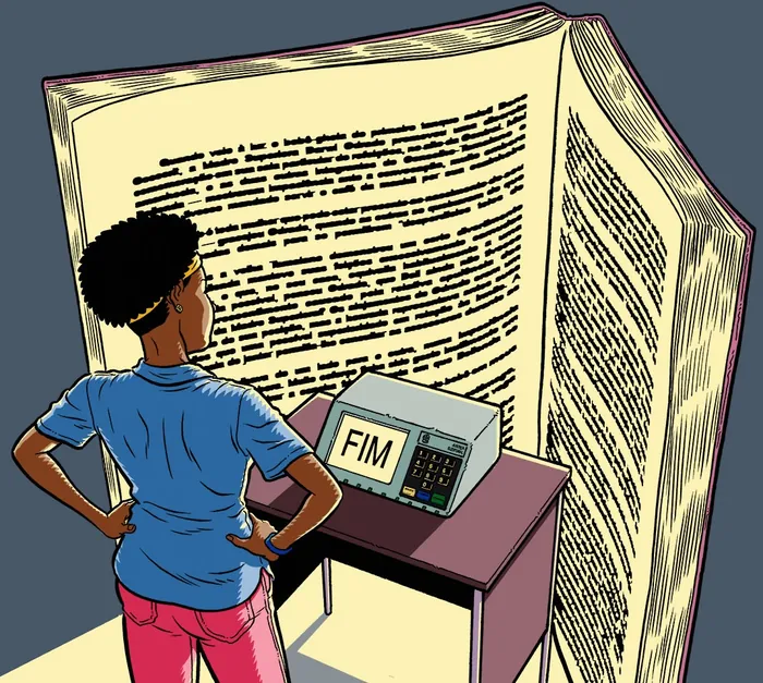 Person standing and reading an oversized open book with text