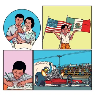 Family portrait, child writing, American and Mexican flags, drag racing car