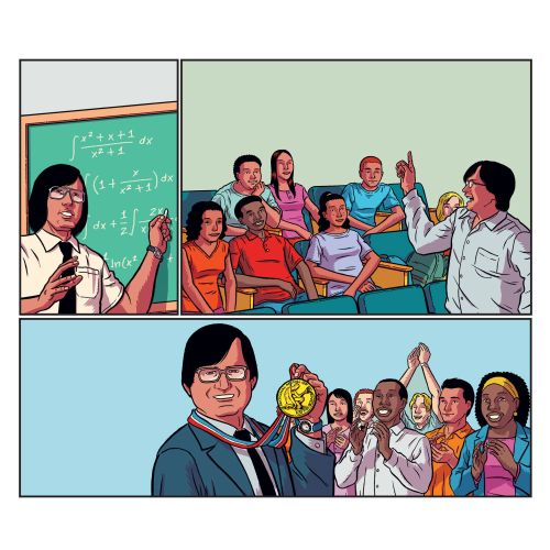 Teacher teaching math and later honored with a medal in front of students
