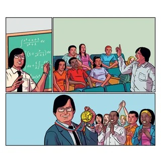 Teacher teaching math and later honored with a medal in front of students