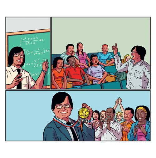 Teacher teaching math and later honored with a medal in front of students