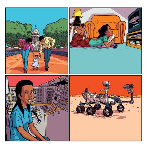 Illustration of family, child watching TV, woman in science lab, Mars rover.