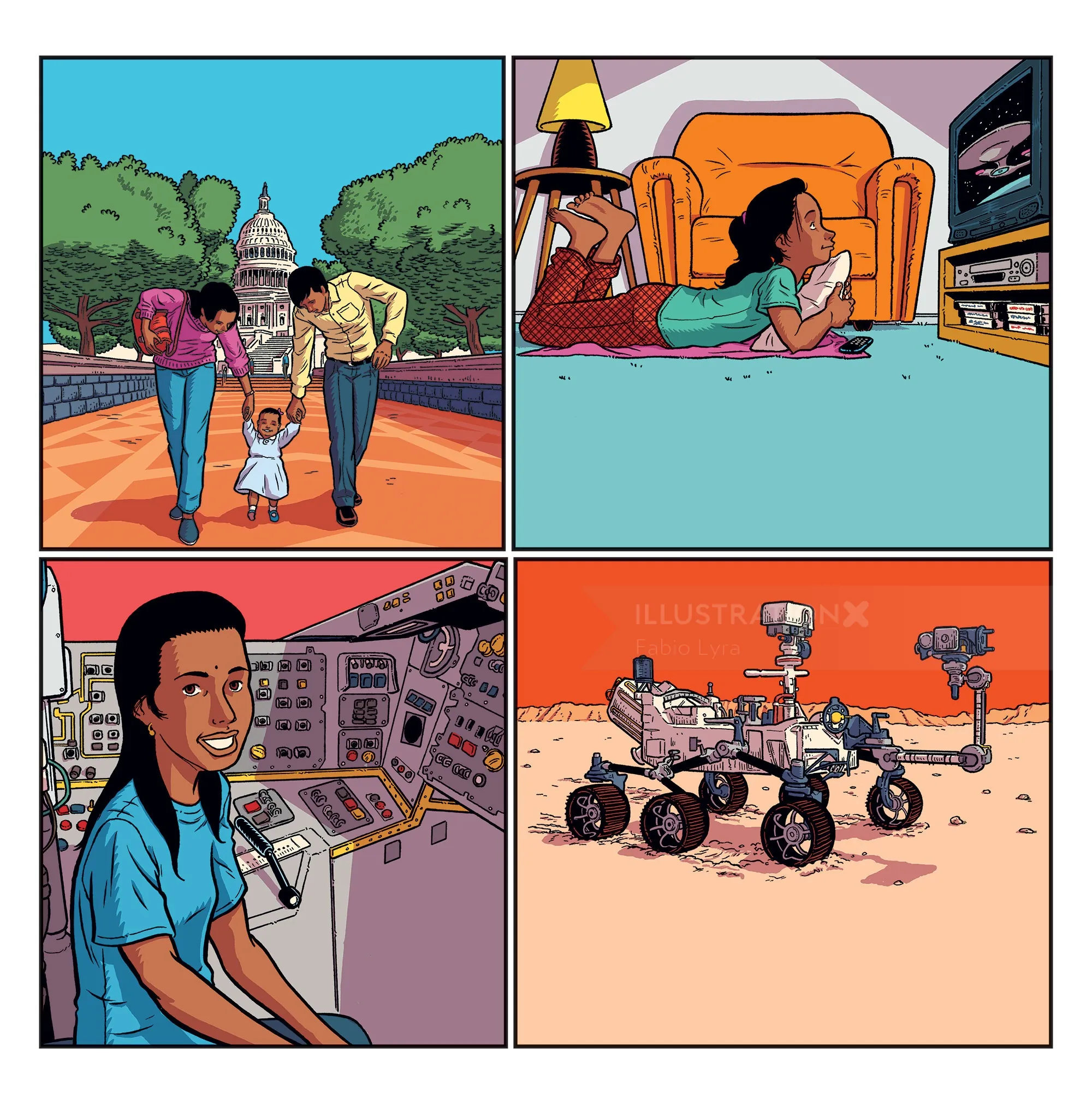 Illustration of family, child watching TV, woman in science lab, Mars rover.
