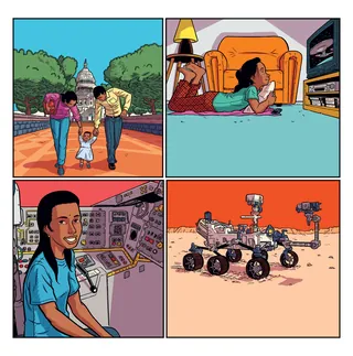 Illustration of family, child watching TV, woman in science lab, Mars rover.
