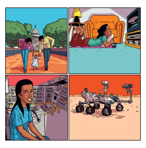 Illustration of family, child watching TV, woman in science lab, Mars rover.