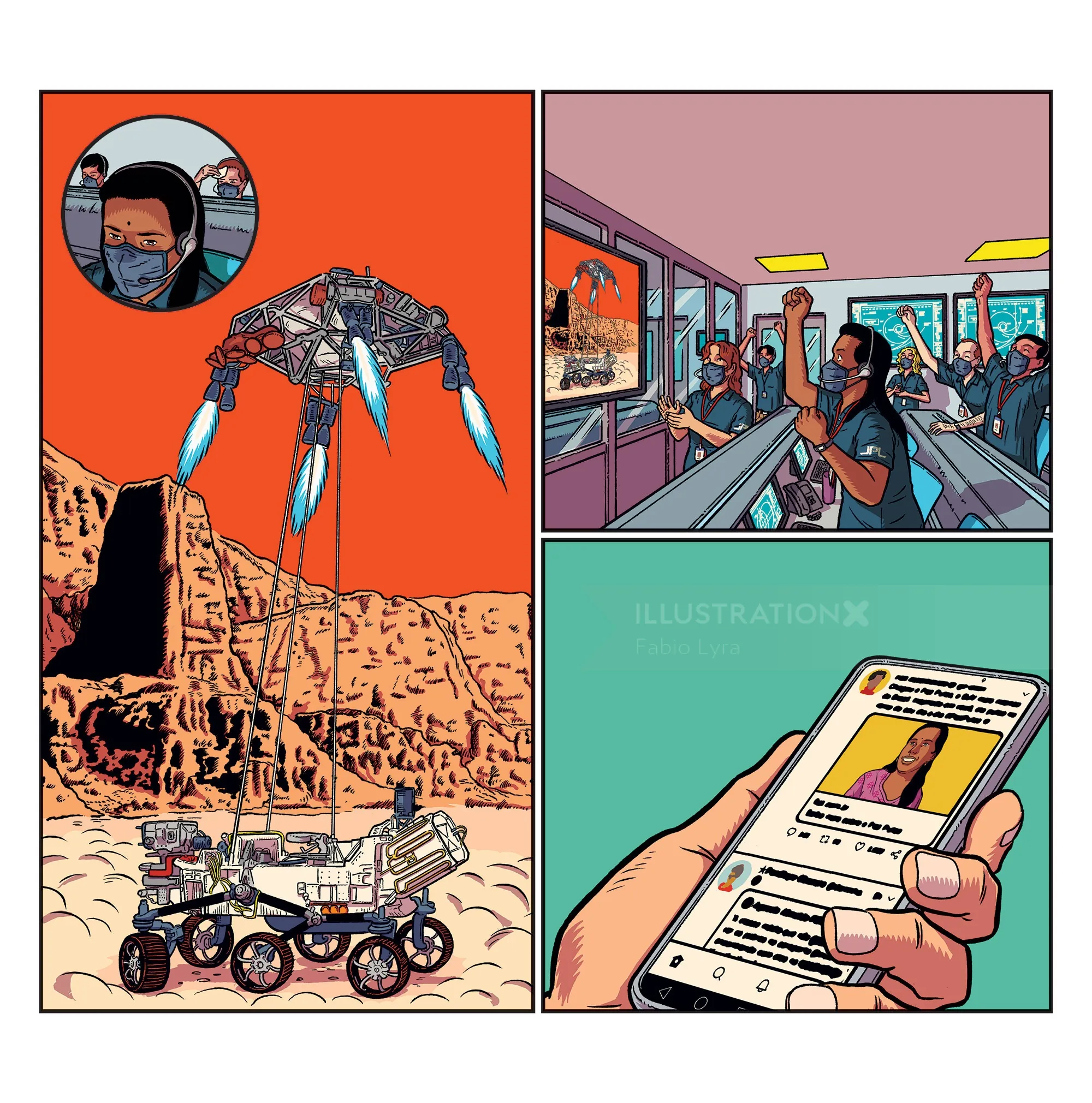 Mars rover operating on red planet surface with scientists tracking data and phone showing updates.