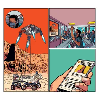 Mars rover operating on red planet surface with scientists tracking data and phone showing updates.