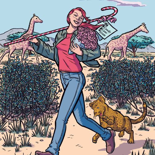 Person joyfully walking with a dog, desert animals, and shrubs