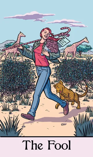 Person joyfully walking with a dog, desert animals, and shrubs