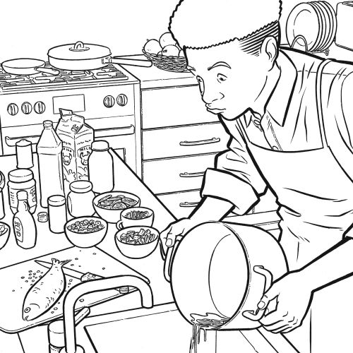 Chef pouring water into sink in kitchen with cooking ingredients