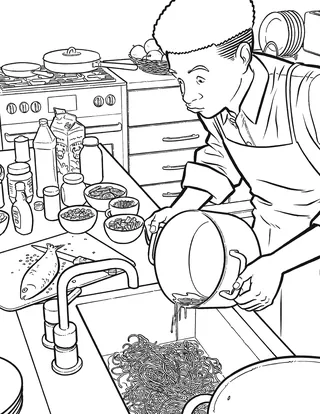 Chef pouring water into sink in kitchen with cooking ingredients