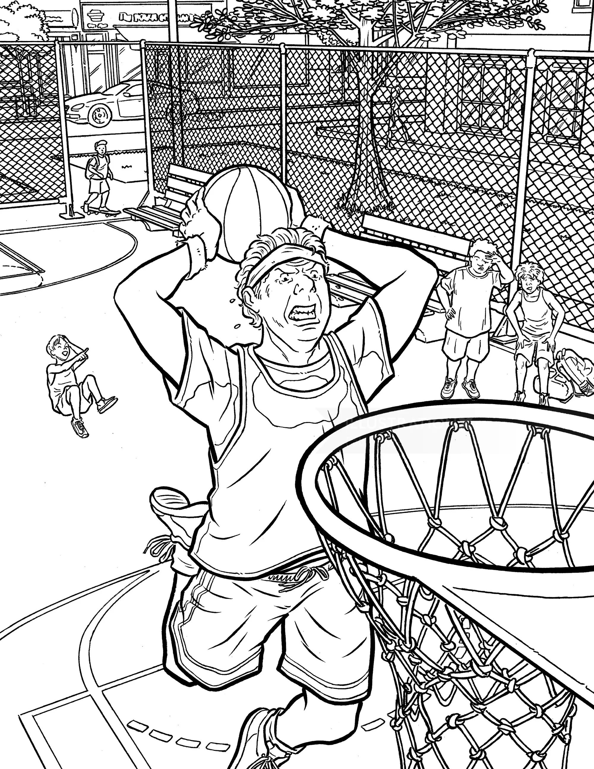 Boy preparing to dunk a basketball on an outdoor court
